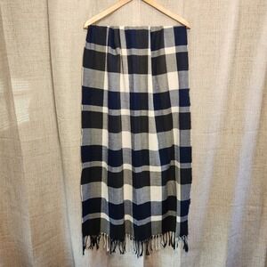 Plush Wide Plaid Scarf W/Fringe Blue/Black/White 27"x54" Winter Fall Casual